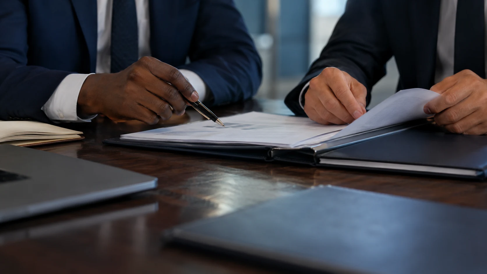 Illustrative close editorial detail of an anonymous African business adviser and international colleague reviewing an unbranded planning folder, only hands visible