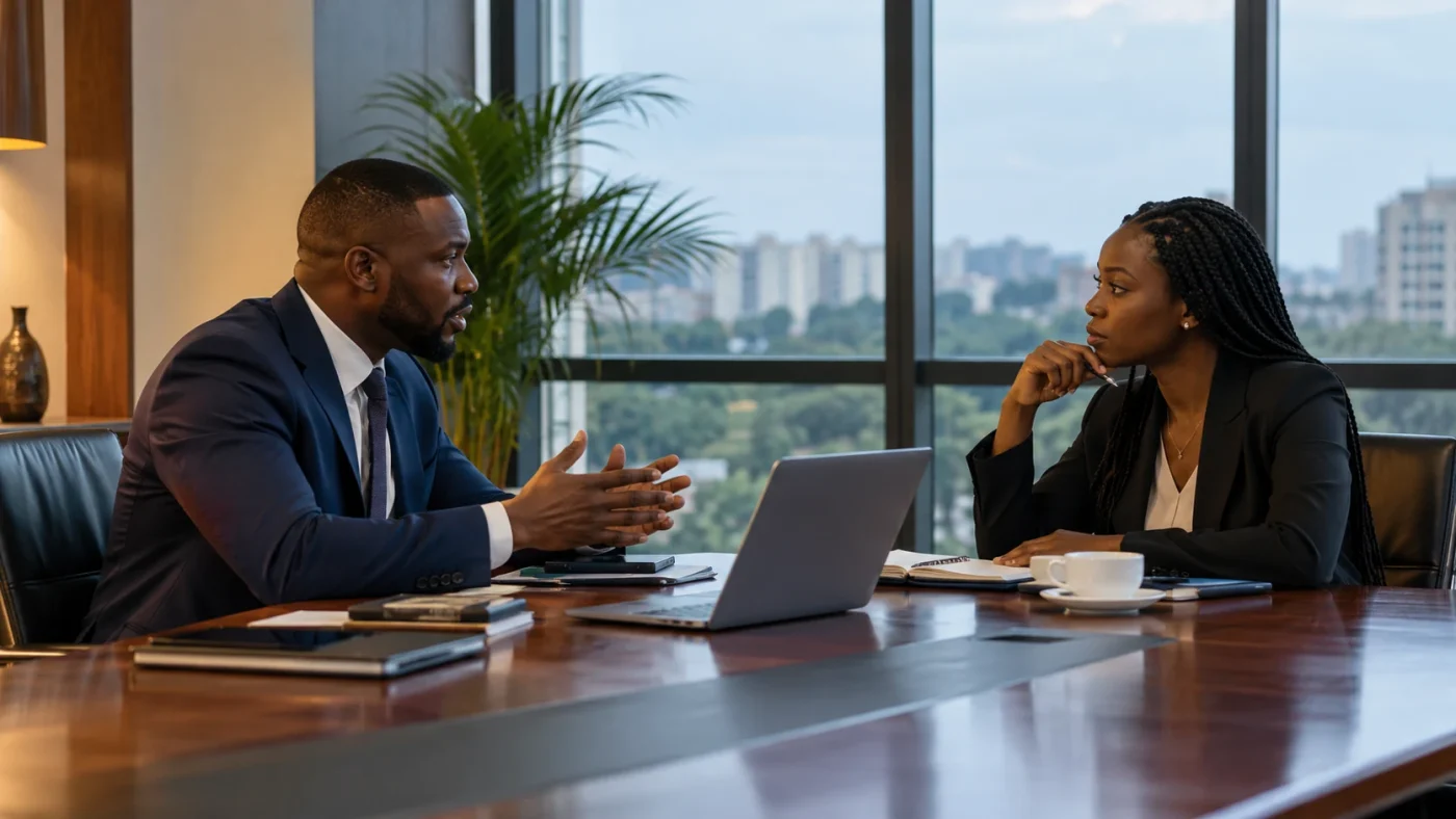 Illustrative two anonymous business professionals meeting across a modest elegant conference table in a tropical commercial office, genuine candid posture