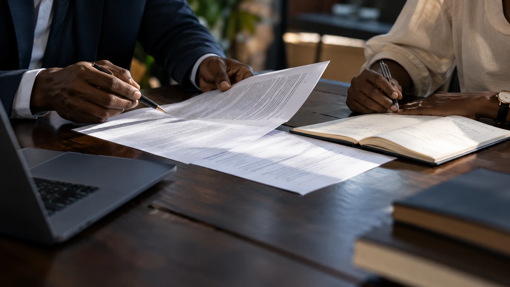 Illustrative close-up of hands comparing an unsigned unbranded commercial agreement and a simple handwritten notebook, no legible text