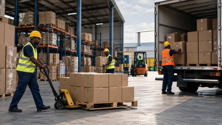 Illustrative realistic orderly distribution warehouse with plain cardboard boxes, loading area and pallets in a tropical African business setting