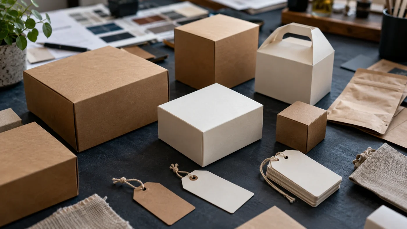Illustrative close editorial photograph of carefully arranged unbranded retail packaging prototypes and blank hang tags on a design worktable