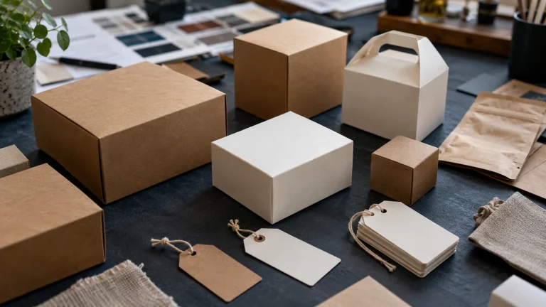 Illustrative close editorial photograph of carefully arranged unbranded retail packaging prototypes and blank hang tags on a design worktable