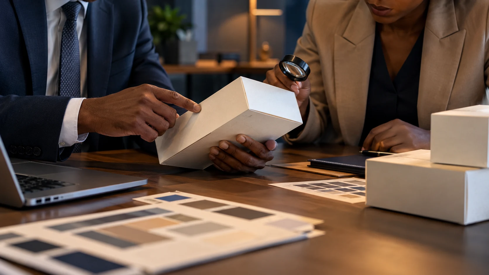 Illustrative anonymous professional hands examining a plain product package and comparing print-quality details, no logos
