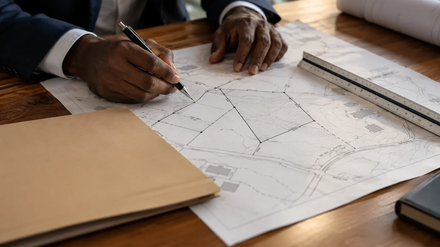 Illustrative close detail of property boundary survey drawing without readable writing, scale ruler and a plain document folder on a wooden desk