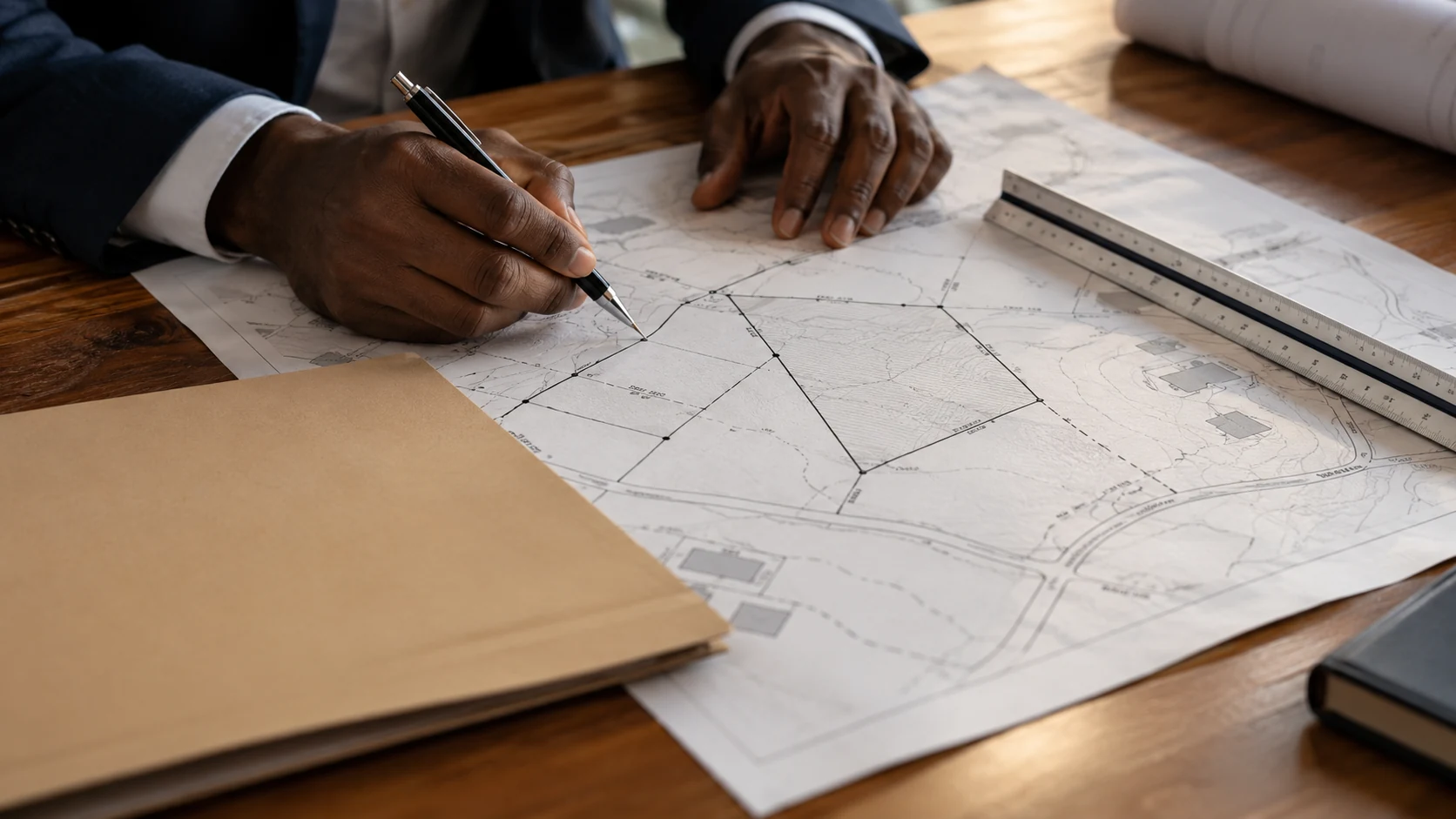 Illustrative close detail of property boundary survey drawing without readable writing, scale ruler and a plain document folder on a wooden desk
