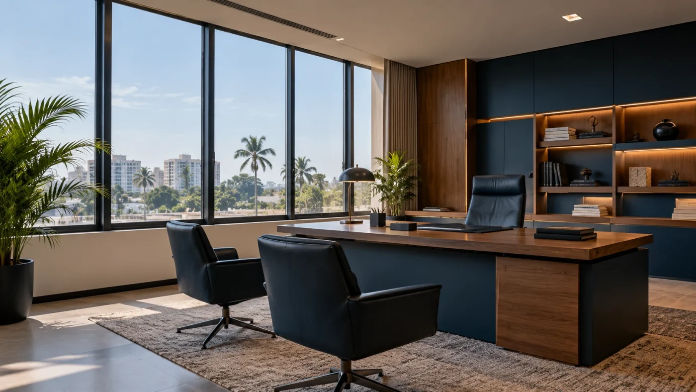 Illustrative empty clean commercial office with daylight, functional windows, neutral finishes and a few palms visible outside