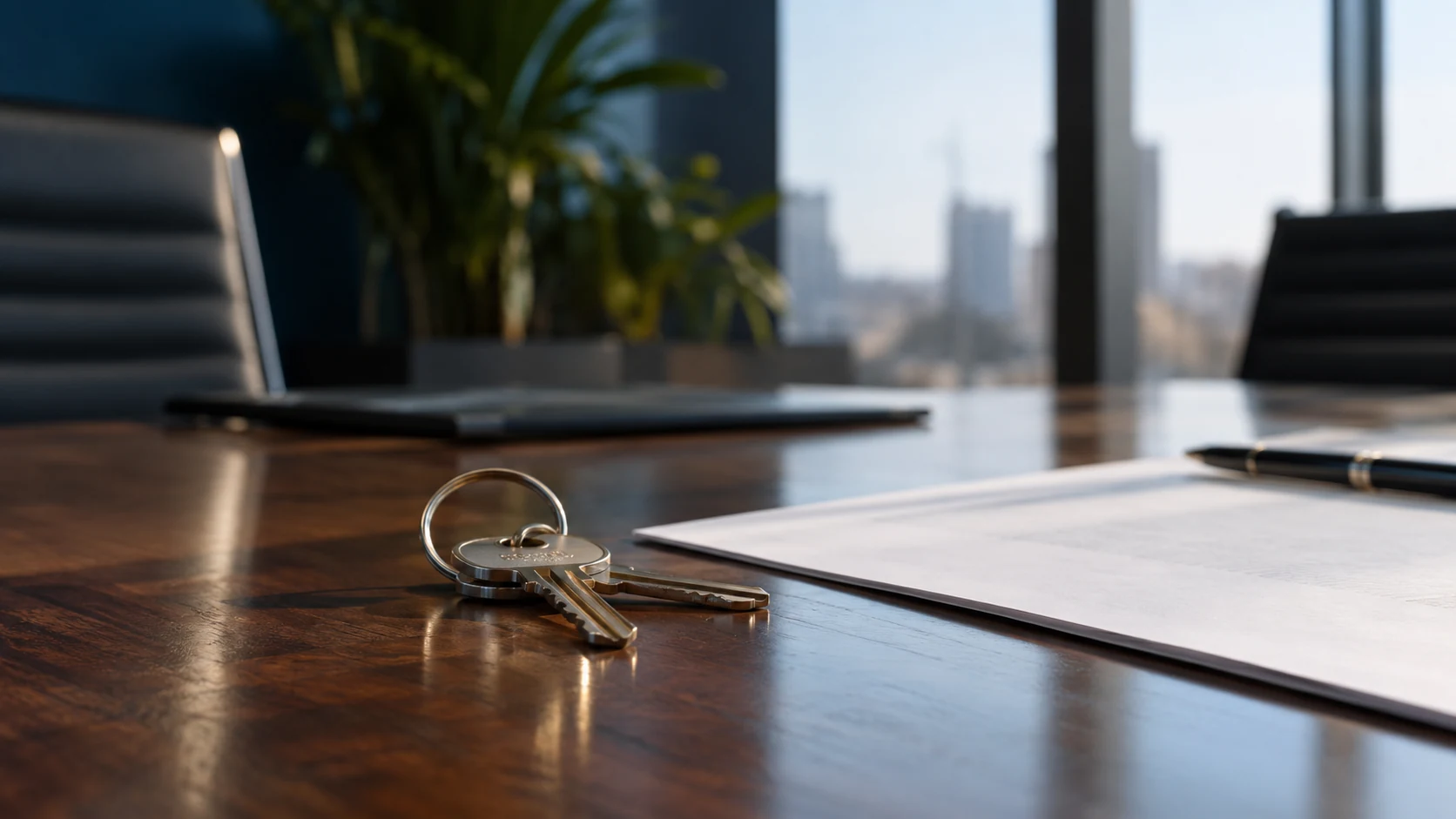 Illustrative close photograph of a plain metal keyring beside an unsigned paper document on a conference table, understated natural daylight