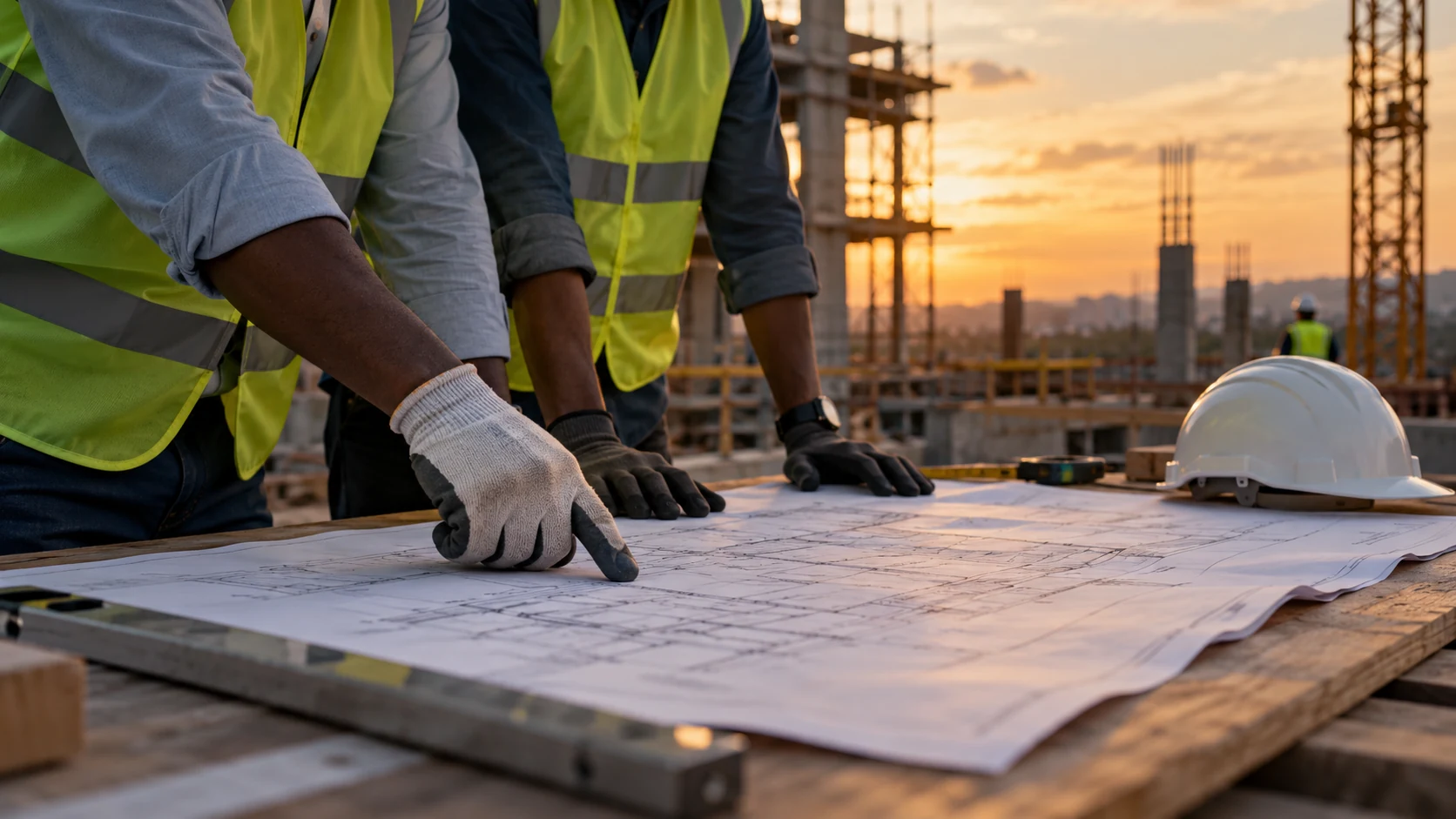 Illustrative anonymous construction professional gloved hands pointing to architectural plans at a site table, proper helmet resting nearby, no text
