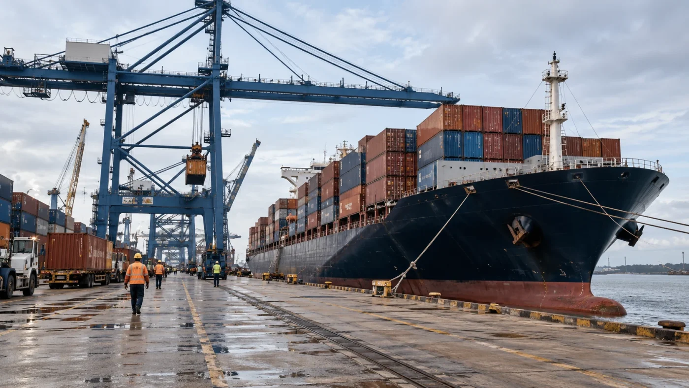 Illustrative container cargo vessel at a tropical commercial port, realistic cranes and containers, bright soft overcast light
