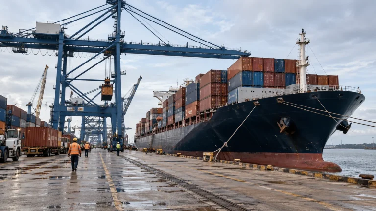 Illustrative container cargo vessel at a tropical commercial port, realistic cranes and containers, bright soft overcast light