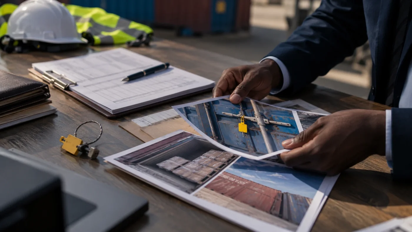 Illustrative close editorial shot of anonymised cargo inspection photographs, blank-form shipping documents and seal sample on a desk