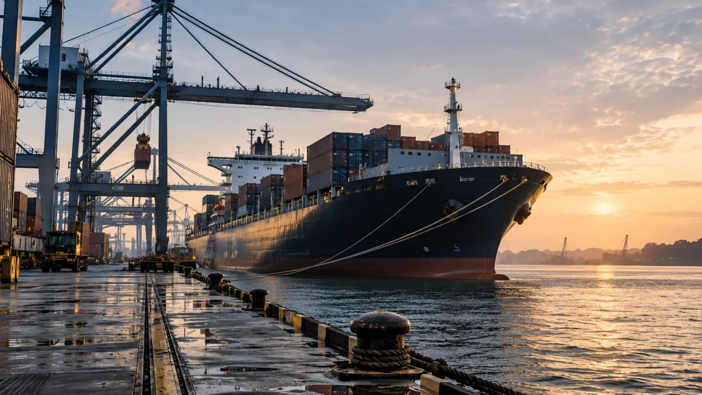 Illustrative commercial cargo ship seen from a quay at early morning, functional realistic deck and cranes, tropical Atlantic ambience