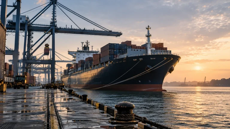 Illustrative commercial cargo ship seen from a quay at early morning, functional realistic deck and cranes, tropical Atlantic ambience