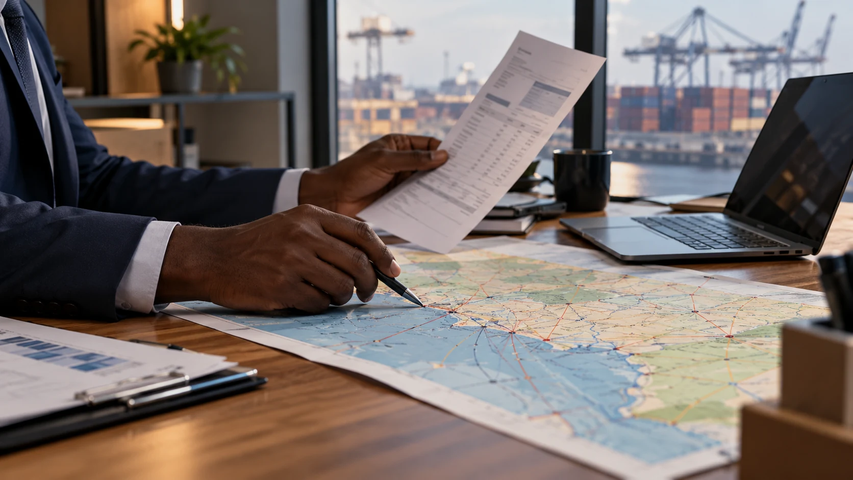 Illustrative anonymous logistics professional hands reviewing a route chart and unbranded shipping document at a modest office desk