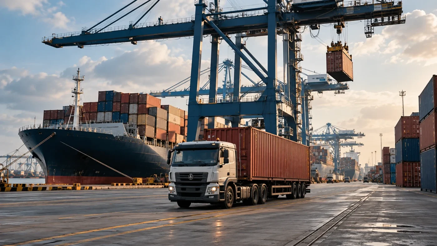 Illustrative realistic container terminal with a cargo truck, stacked containers and gantry cranes, daylight documentary photography