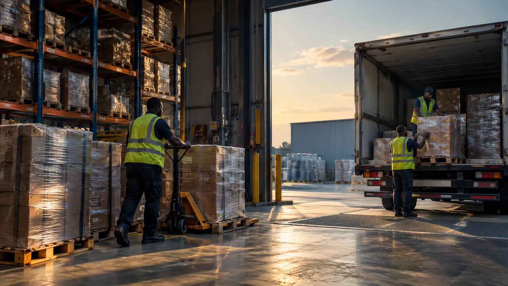 Illustrative warehouse loading dock showing clear transitions between stored pallets, loading bay and transport vehicle, no logos