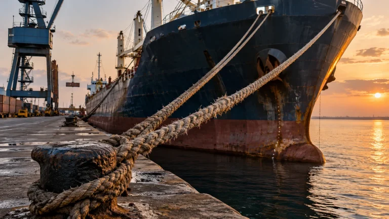 Illustrative weathered but well-maintained commercial vessel hull and mooring ropes at a working quay, detailed documentary texture