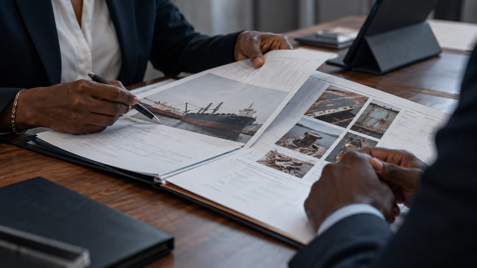 Illustrative close-up of a plain insurance-style folder, vessel photo and cargo condition notes with intentionally unreadable text