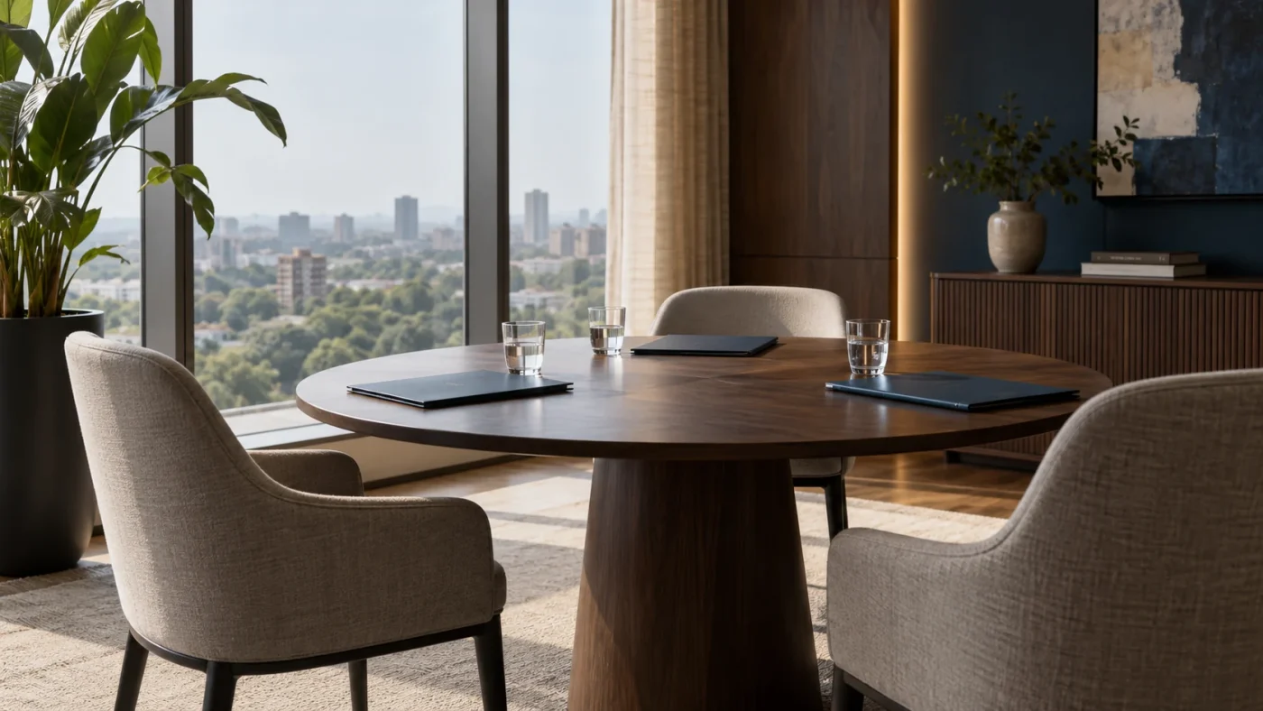 Illustrative neutral modern mediation room, round table with three chairs, water glasses and plain folders, daylight, no people