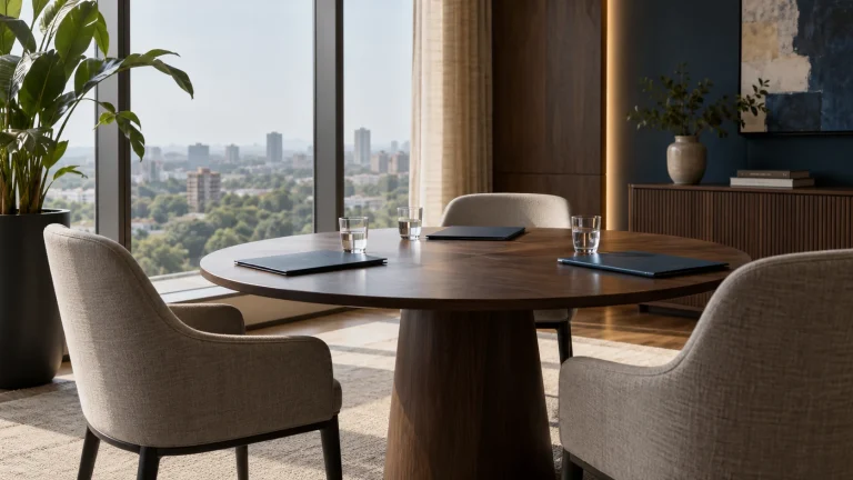 Illustrative neutral modern mediation room, round table with three chairs, water glasses and plain folders, daylight, no people