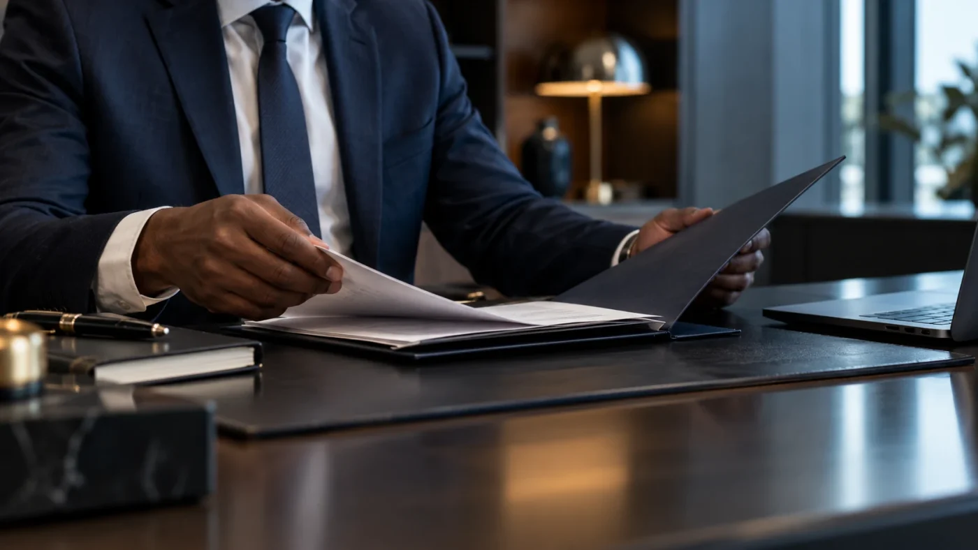 Illustrative anonymous professional hands opening a plain contract folder beside a notebook and pen, quiet restrained setting
