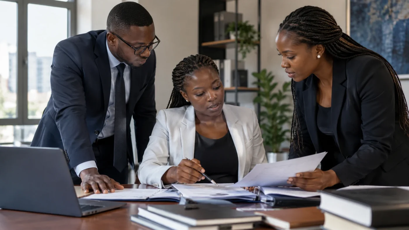 Illustrative authentic candid anonymous African office colleagues collaborating in a modest bright professional workspace, realistic proportions and attire