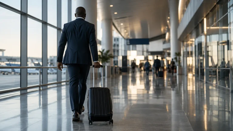 Illustrative anonymous business traveller from behind with simple rolling suitcase in a generic modern airport corridor, no identifiable airport or airline