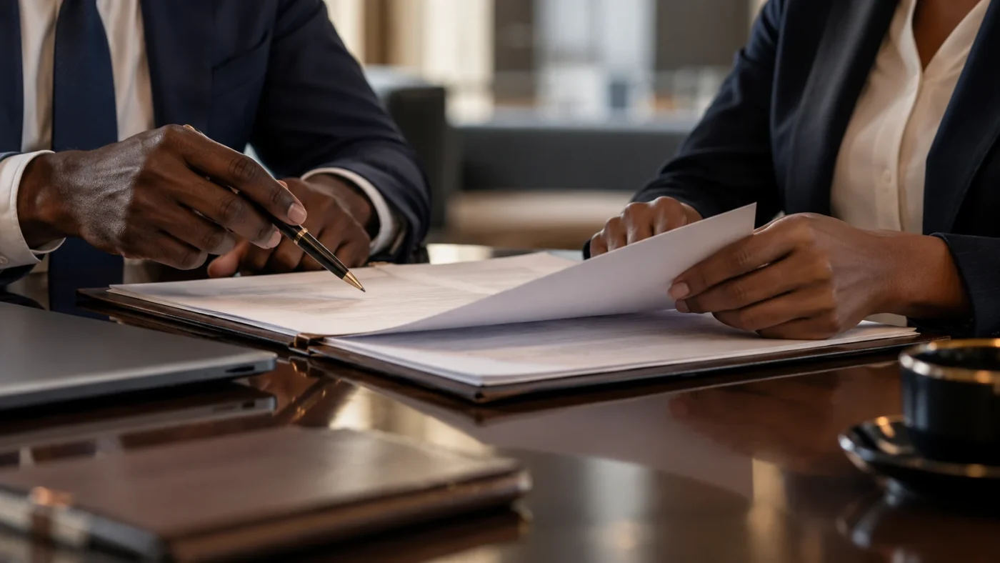 Illustrative close editorial image of an anonymous finance adviser and business owner reviewing a plain project folder at a table, hands only
