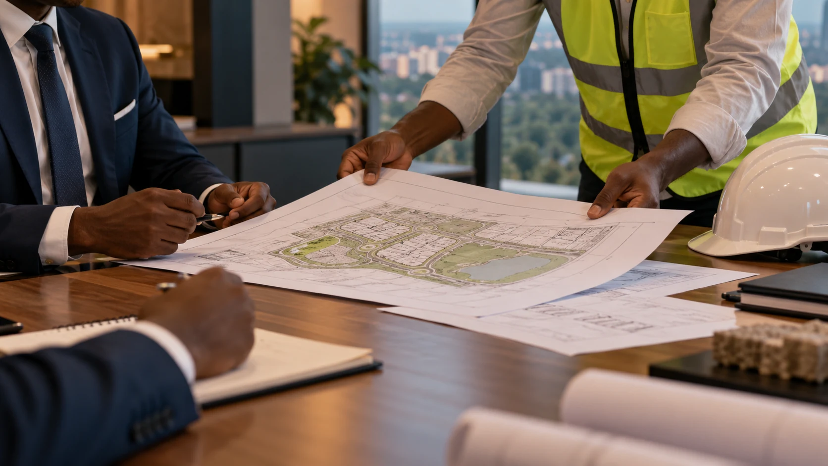 Illustrative anonymous project engineer hands over a clean technical drawing and land layout, no legible text, hardhat at edge