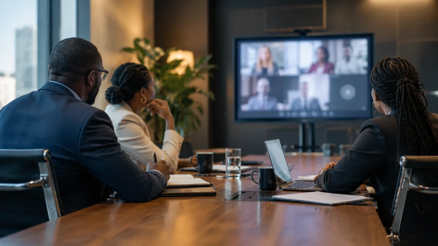 Illustrative candid anonymous professionals working together on a video conference in a functional modern office, screen intentionally defocused