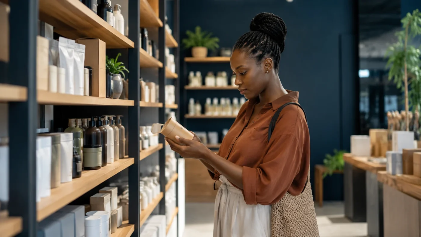 Illustrative realistic generic retail shelf of plain consumer packaging in a small modern shop, no branded products or claims of counterfeit