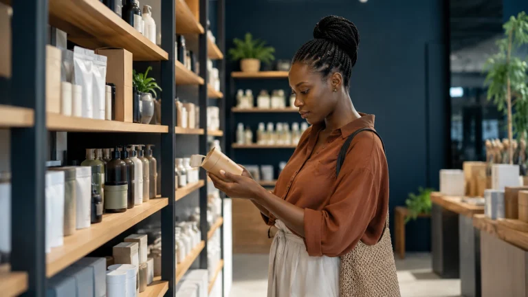 Illustrative realistic generic retail shelf of plain consumer packaging in a small modern shop, no branded products or claims of counterfeit