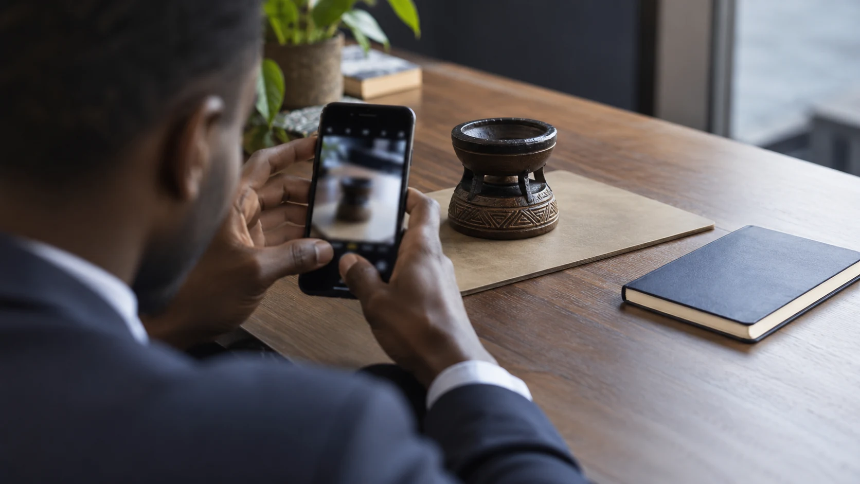 Illustrative hands documenting an unbranded product with a smartphone beside a plain notebook, camera screen out of focus, natural light