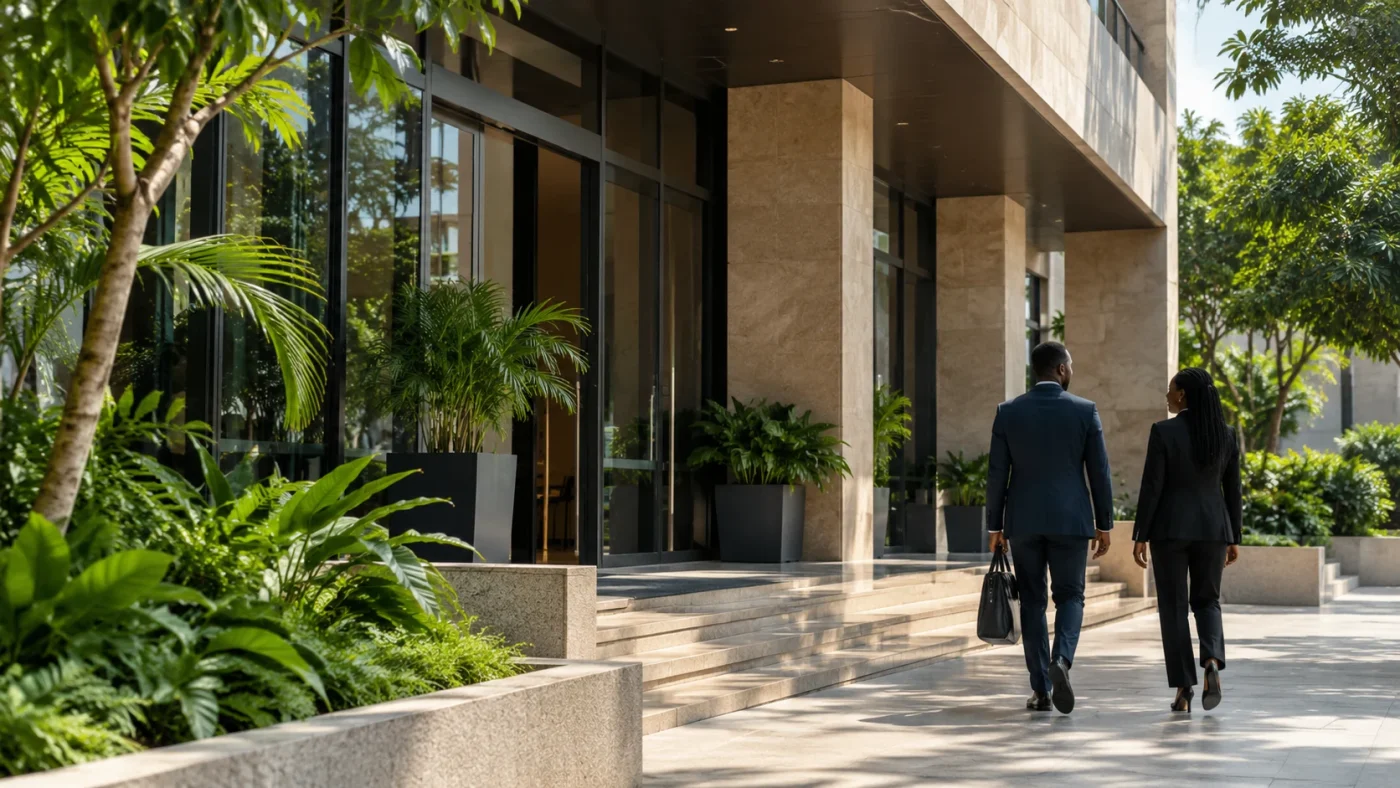 Illustrative architectural detail of a neutral tropical professional building, warm stone, shade, glass and green foliage; illustrative building, not an actual law firm office
