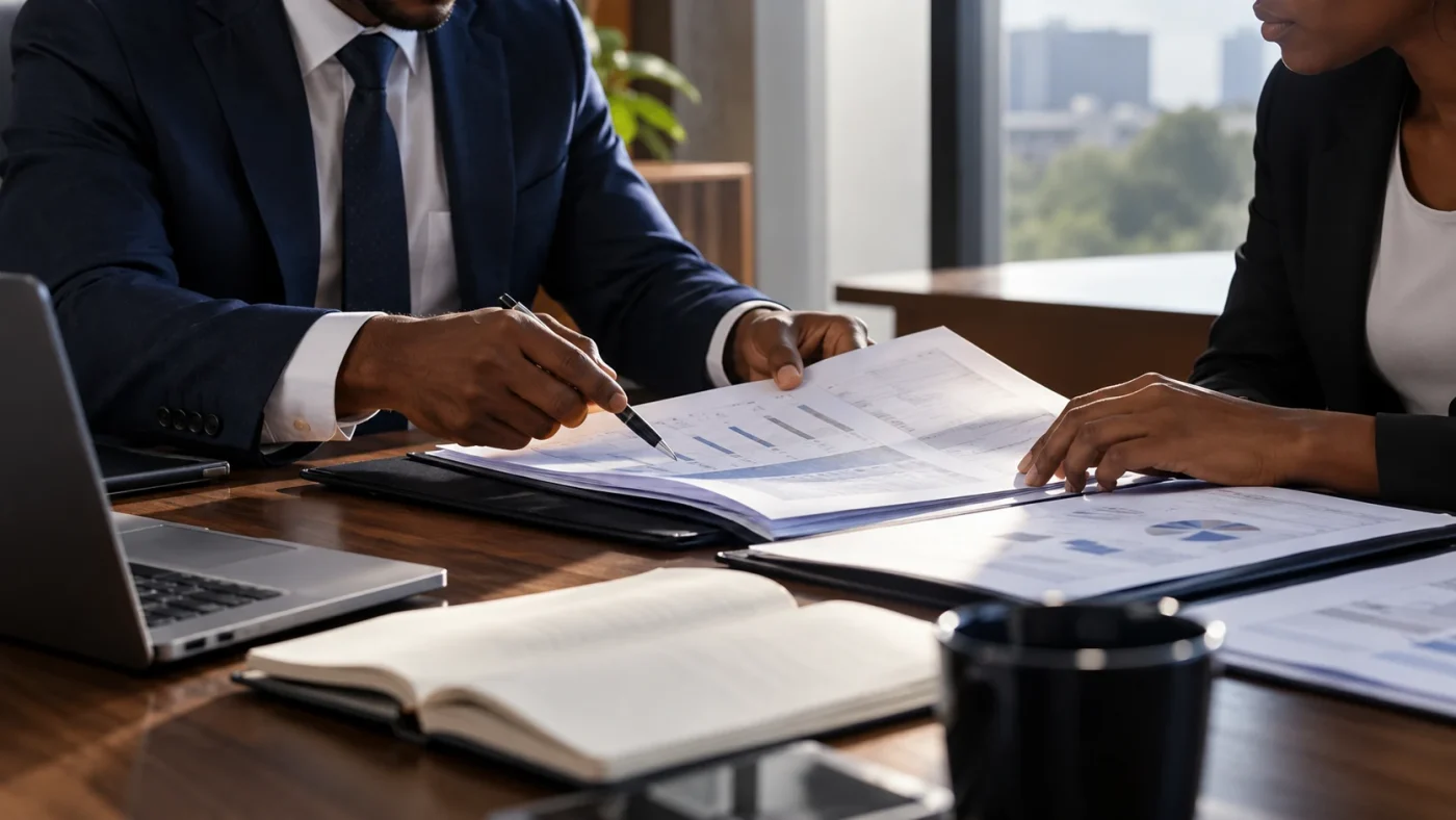 Illustrative anonymous professional hands reviewing an unbranded finance folder and project workbook on a naturally lit desk