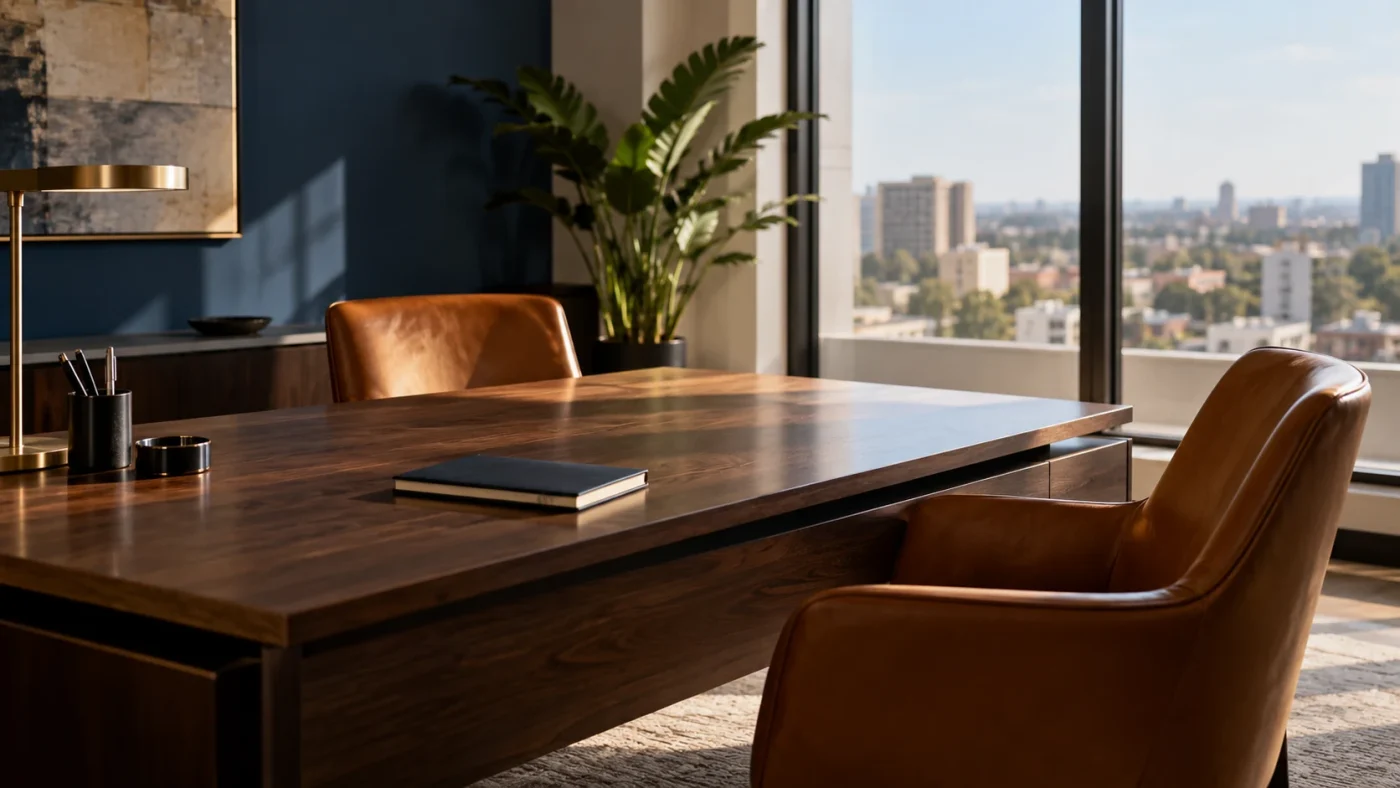 Illustrative quiet empty consultation space with two chairs, natural window light and a plain notebook, welcoming and professional, no claim of actual firm premises