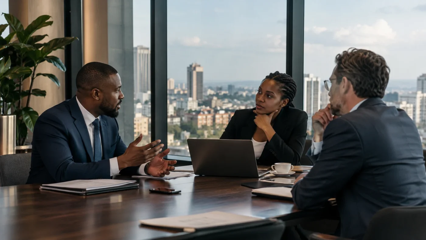 Illustrative anonymous African and international business professionals in a candid commercial discussion, three people maximum, believable hands and posture