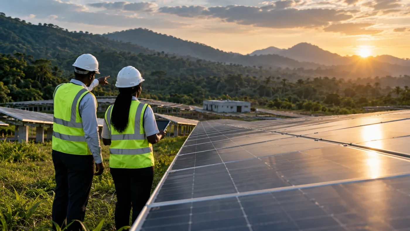 Illustrative realistic utility-scale solar infrastructure in a lush tropical landscape with plausible engineering