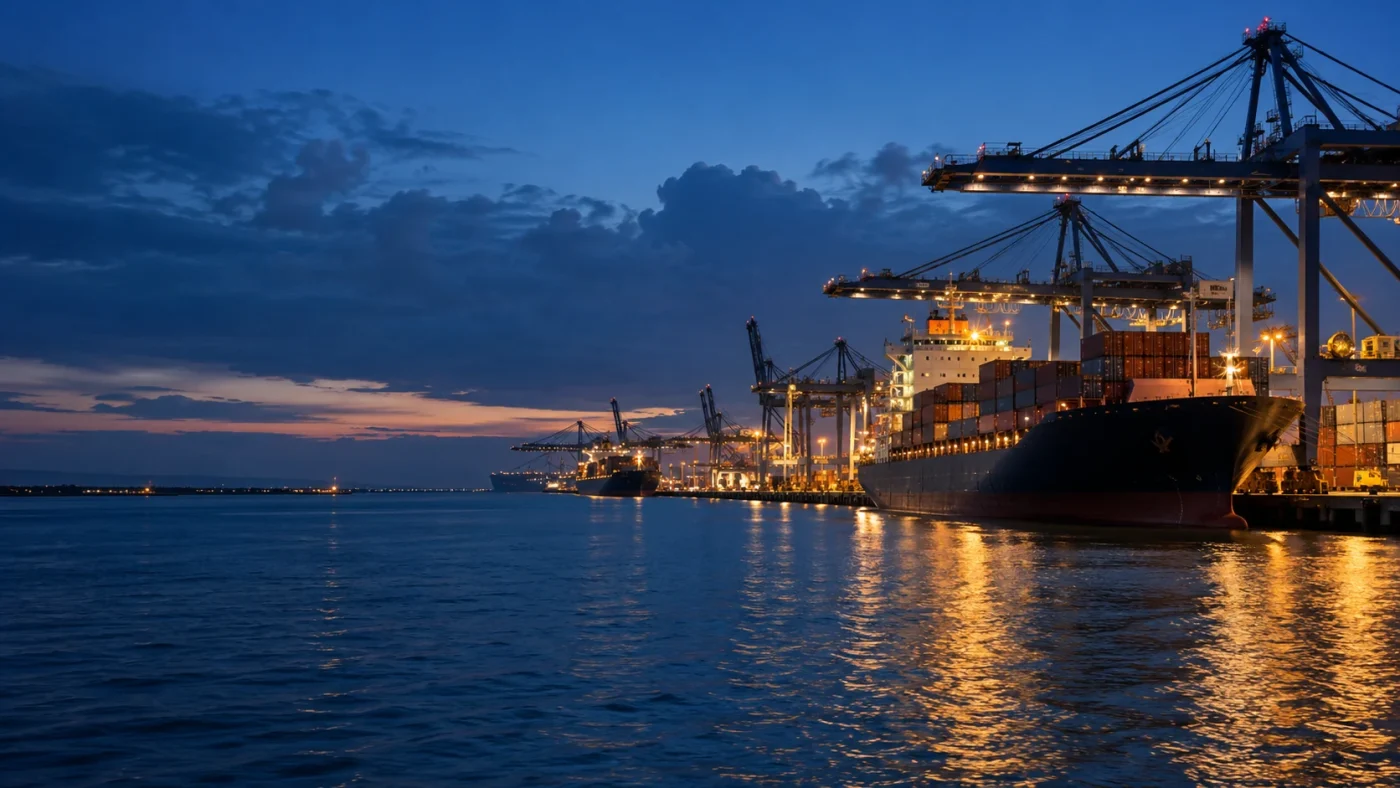 Illustrative wide realistic tropical Atlantic commercial port at blue hour, ship and cranes at right, clean dark open water at left for separately placed website text