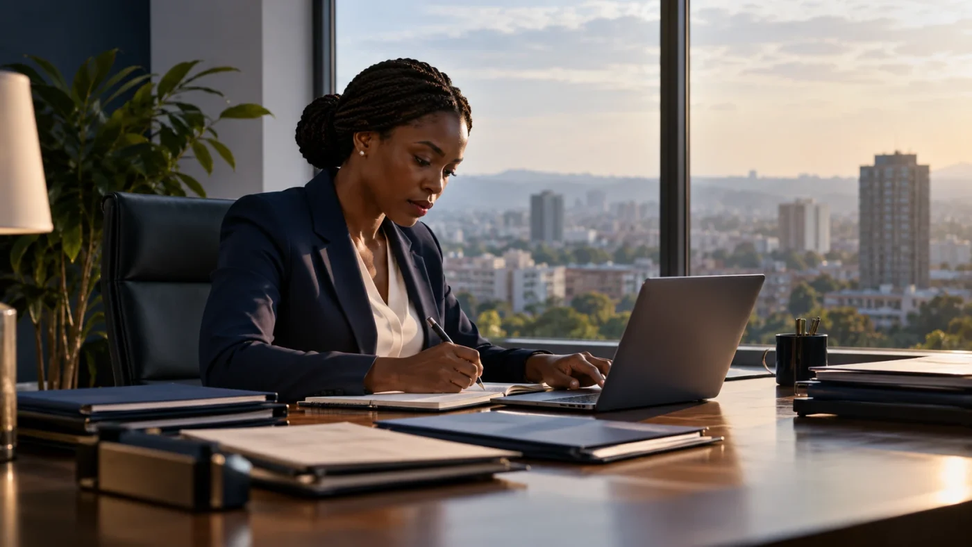 Illustrative editorial desk with a laptop, notebook and plain commercial briefing folders, sunlight and realistic textures, no legible screen content