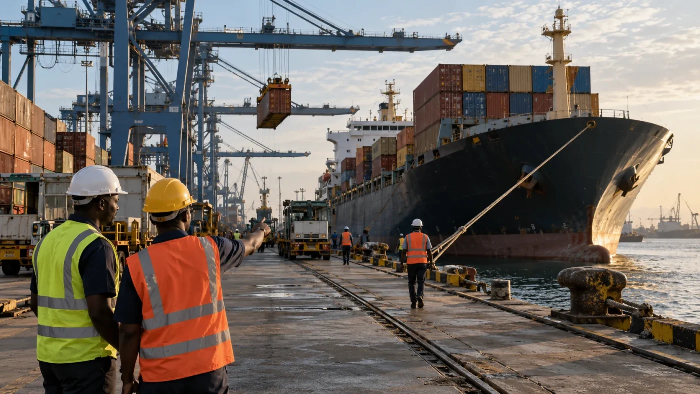 Illustrative working tropical commercial port with realistic cargo vessel, crane lines and weathered quay, documentary daylight