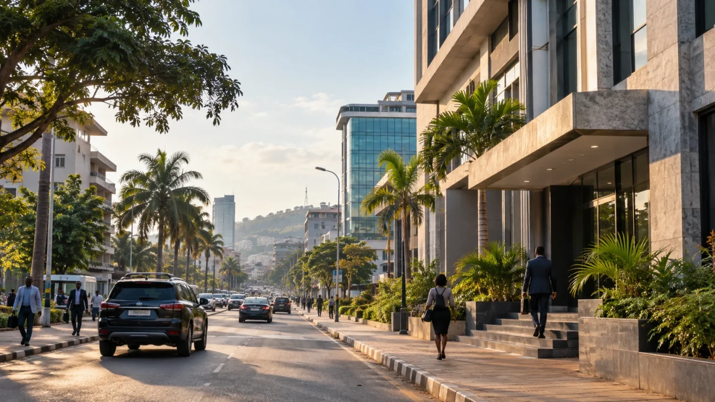 Illustrative contemporary tropical commercial streetscape with functional modest office architecture, believable Central African ambience, soft morning light