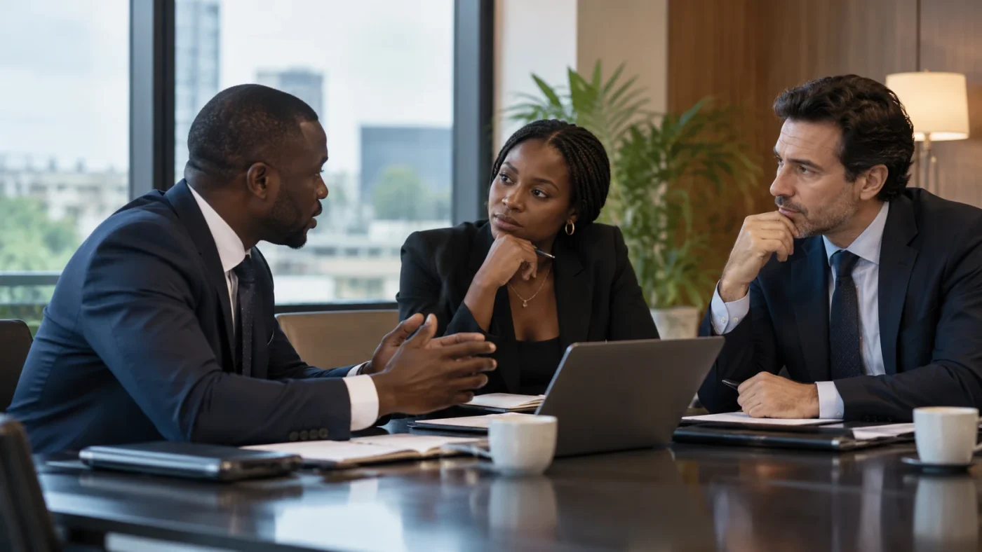 Illustrative candid anonymous African and international professionals working together at a conference table, natural expressions, three people maximum, no staged handshake