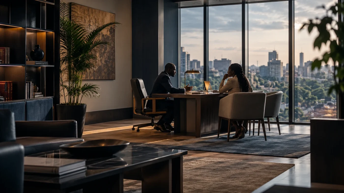 Illustrative quiet respectful private consultation setting with an anonymous adult client and adviser seen at a distance, no implied firm identities