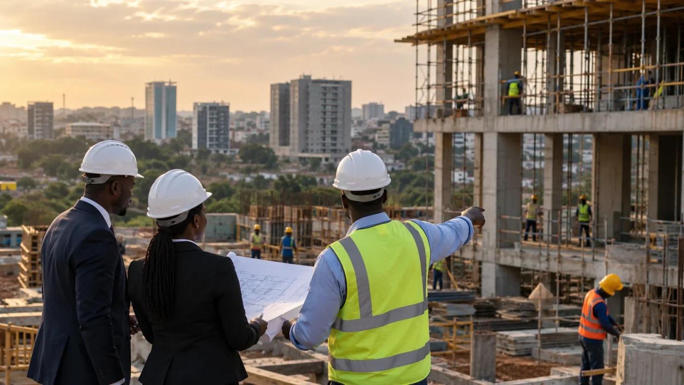 Illustrative plausible mid-rise commercial property and careful construction site in tropical urban surroundings, no identifiable real project